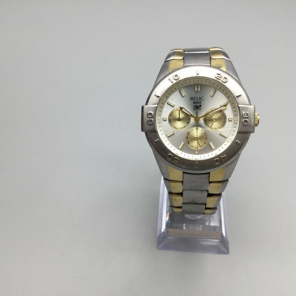 Reloj Reliquia Húmedo Hombre 41mm Plata Oro Dos Tonos Día Fecha Batería Nueva 7.25" Foto 2 de 4