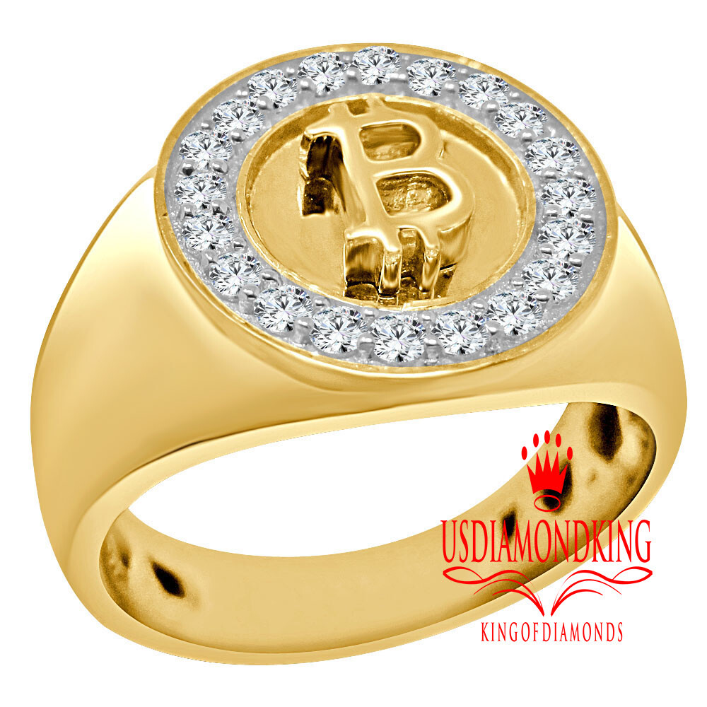Real Yellow Gold Sterling Silver Bitcoin cryptocurrency Diamond Mens Ring  Band
