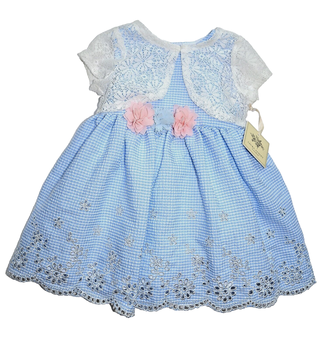 New Laura Ashley Blue white gingham dress w roses lace eyelet girls 24M |  eBay
