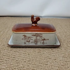 Vtg Fair Winds Brown Butter Dish 1981 Enesco Japan Rooster Horses Angel  Print