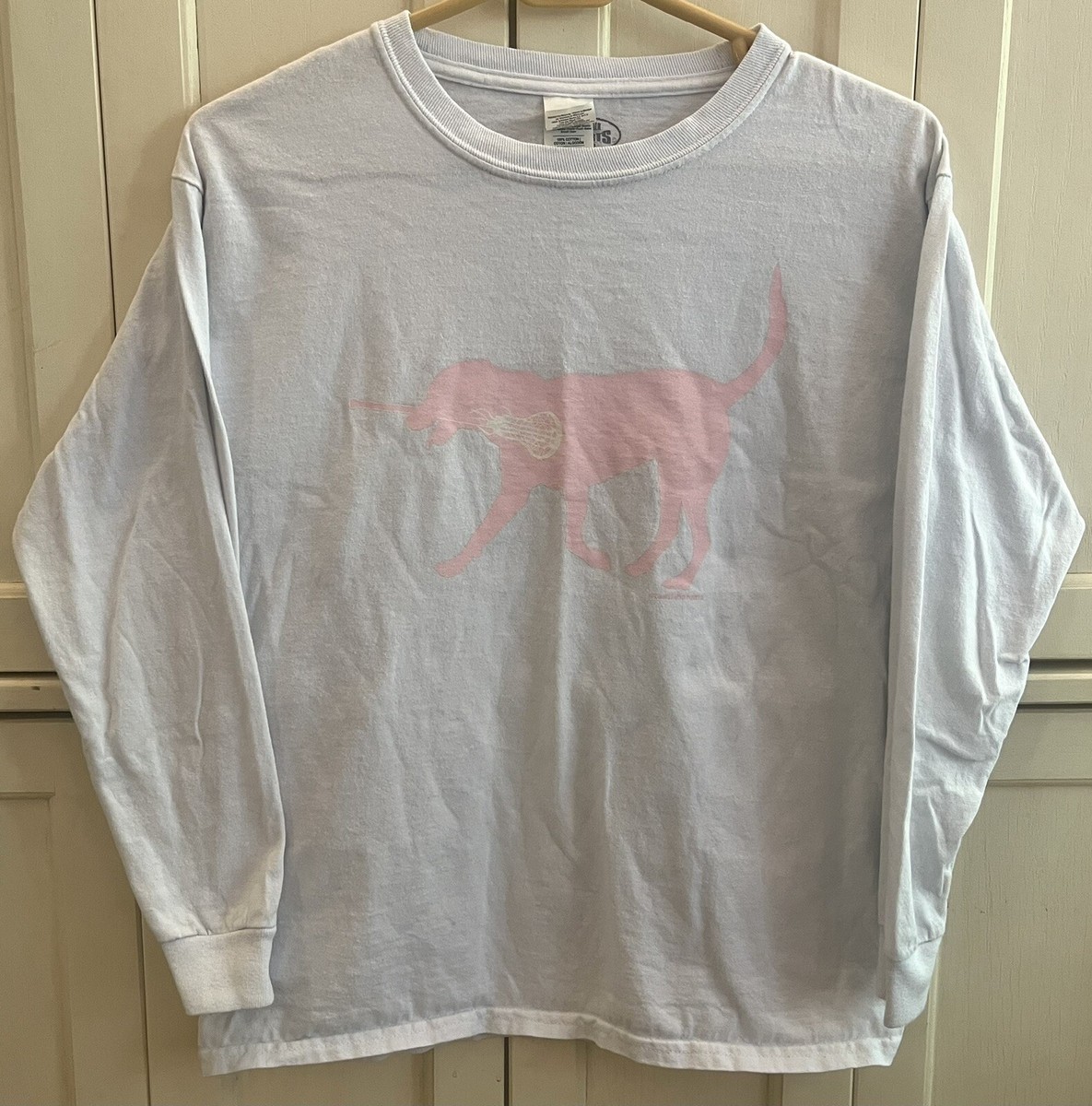 LAX Lacrosse Long Sleeved White Girls Shirt PINK Dog with stick in