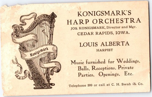 Cedar Rapids, Iowa EARLY 1900s Konigsmark's Harp Orchestra Business Card Advert