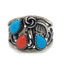 Vintage Signed Wheeler Navajo Native American Multi Stone Wide Ring Band 6 1/2"
