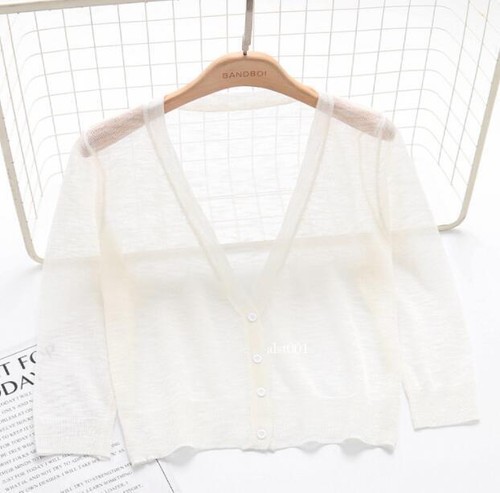 Women Sweater Shrug Crop Top Coat 3/4 Sleeve Knit Cardigan Button Down Sheer - Picture 13 of 31