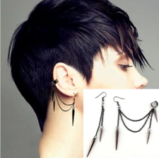 Black Punk Rock Rivets Chain Tassel Dangle Ear Hook Cuff Wrap 80’s Earrings P29