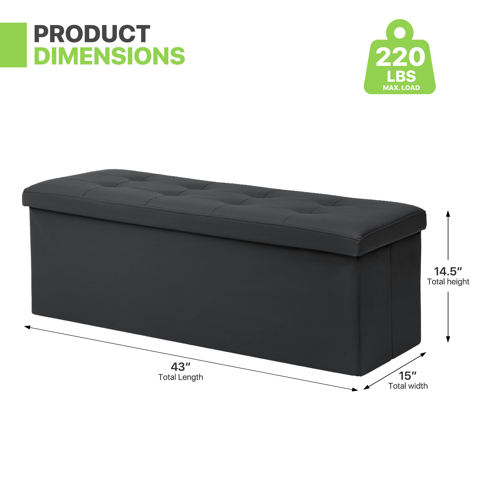 43" Black Storage Ottoman Rectangular Upholstered PU Leather Seat Lift Top Stool