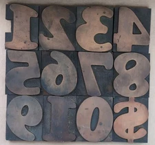 Antique vintage large 5" x 4" letterpress printing wood cut type block Numbers