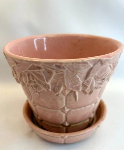 Vintage McCoy Pottery PINK Quilted Rose Planter Flower Pot Attached Saucer