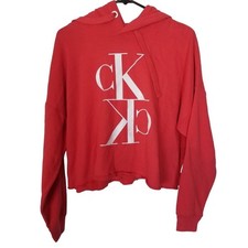 Calvin Klein Womens Cropped Hoodie Sweatshirt Sz M Coral Monogram Logo Pullover