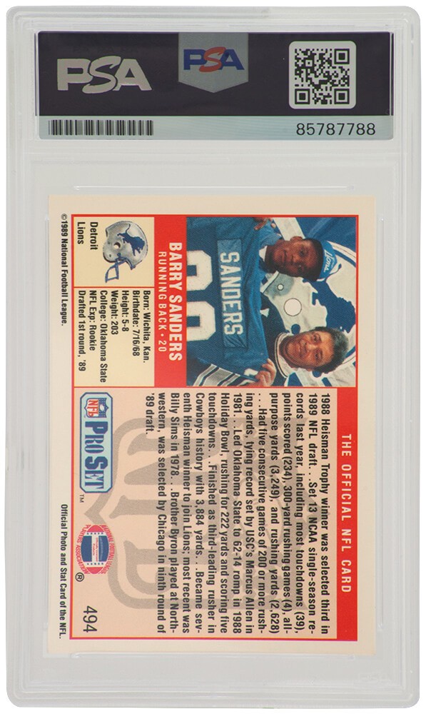 Barry Sanders Signed 1989 Pro Set Football Rookie Card #494 - (PSA / Auto 10) view 2