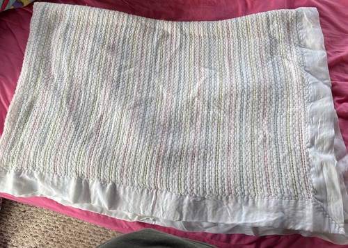 VTG Chatham Acrylic Baby Blanket White Waffle Weave Pastel Stripe Satin Trim 48”