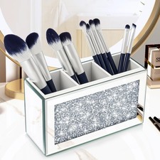 Mirrored Makeup Brush Holder Organizer 3 Compartments Cosmetic Brush Storage