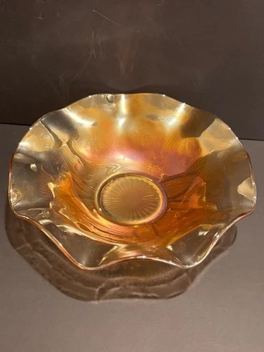 Jeanette Glass Iris and Herringbone Marigold Carnival Iridescent 11.5" Bowl 1940