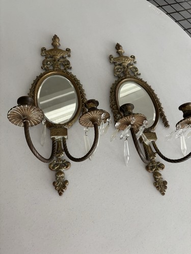 19th Century Pair of Brass Wall Sconces w/Oval beveled mirror, 2 Arm each X1 - Picture 2 of 22