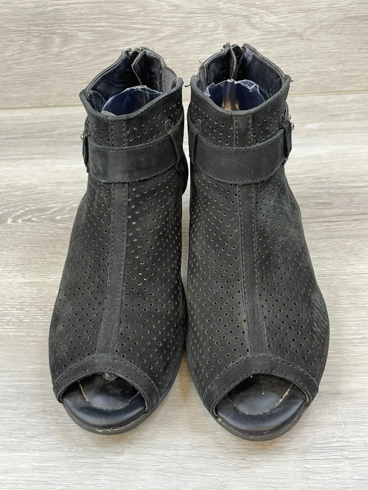 Earth Intrepid Mujer 9 Negro Botín Cuero Bota Punta abierta Boho Chic Estético Foto 2 de 4