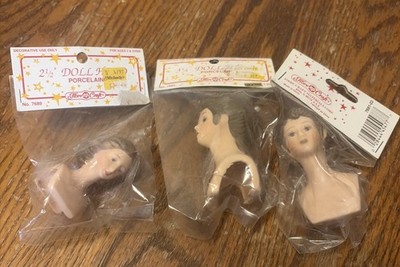 Lot Of 3 Porcelain Doll Head Fibre Craft Size 2 1/2  & 3 1/4  Brown Hair