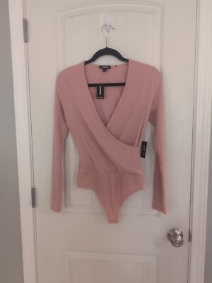 NWT $58 Express Size S Ribbed Rose Pink Long Sleeve Bodysuit