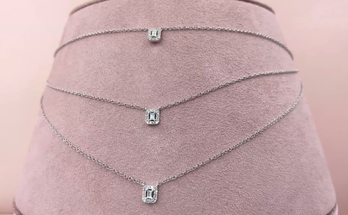Diamante Strati Collana Multi Filo 14K Oro Giallo Baguette Taglio 3 Ciondolo - Foto 2 di 5