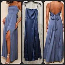 LULUS Serene Sensation Slate Blue Satin Bow Back Sleeveless Maxi Dress Sz LARGE