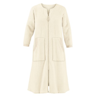Textured Satin Plush Zip Front Short Sleeve Robe