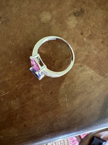 Pink Sapphire And Tanzanite 18k White Gold Crossover Ring With Diamond Shoulders - Picture 5 of 7