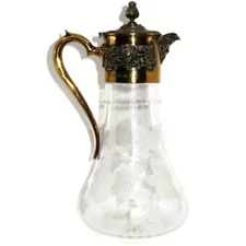 Asprey & Co London Dionysus Etched Crystal & Gilt Sterling Silver Wine Ewer, 13"