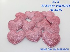 25 X PINK FABRIC PADDED SPARKLY GLITTERY HEARTS APPLIQU&Eacute; EMBELLISHMENTS CRAFT