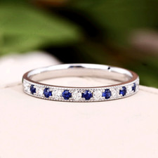 0.85Ct Round Cut Blue Saphire Half Eternity Wedding Ring 14K White Gold Finish