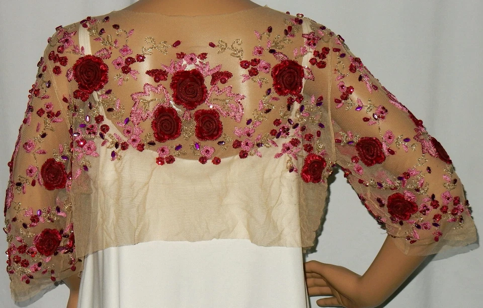 Bolero Red Tostado Vintage Hecho a Mano Años 30 Talla M Apliques Rosa Roja, Gemas Multicolores# Foto 4 de 4