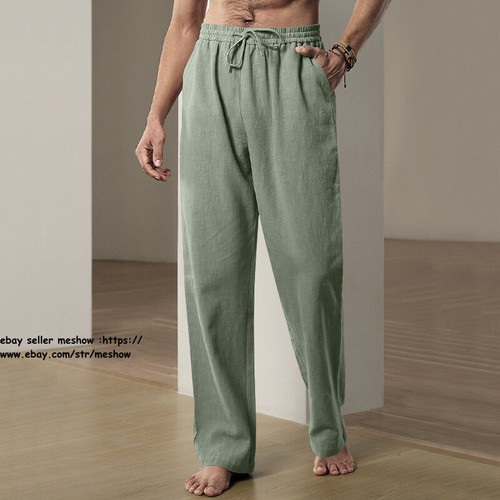 Mens Cotton Linen Loose Trousers Wide Leg Elastic Waist Casual Loose Pants S-3XL - Picture 38 of 55