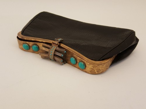 Vintage 50s Milch purse handbag black leather turquoise stones brass - Picture 19 of 19