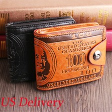 US 100 Dollar Bill Leather Bifold Wallet Card Holder Button Safe Purse US FAST
