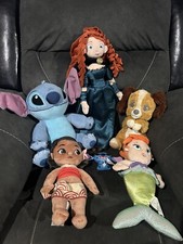 Disney Plush Lot Of 5 Stitch, Lady, Mermaid  Baby  , Moana,  Merida Plushies