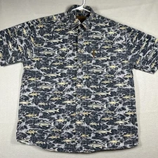 Magellan Fishing Shirt Mens L Short Sleeve Fish Design Blue Cotton Button Down