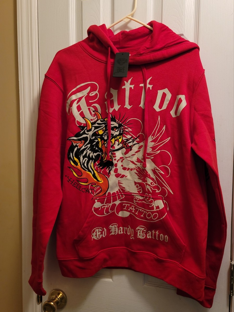 ED Hardy Hoodie Tattoo Flaming Tiger Mens Brand New with Tag Red