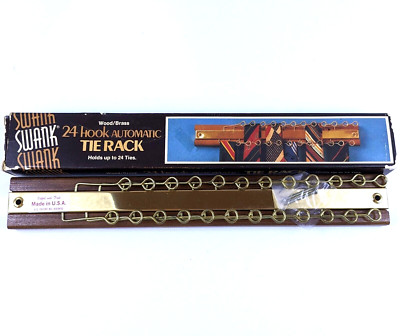 Vintage Swank 24 Hook Automatic Tie Rack MCM Wood Brass Wall Mounted NIB