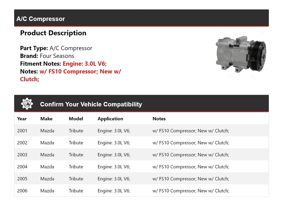 Para 2001-2006 Mazda Tribute 3.0L V6 A/C Compressor 4 Estações 2002 2003 2004 2005 - Imagem 2 de 4
