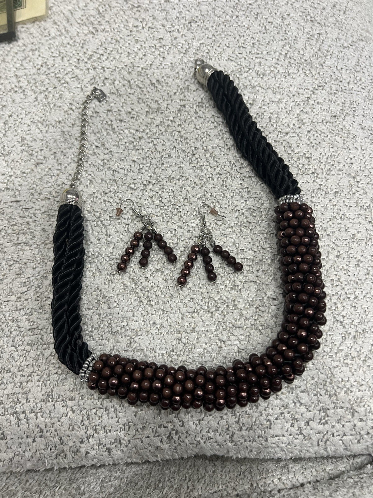 Bead Wrapped Chunky Black Thread Statement Neckla… - image 1