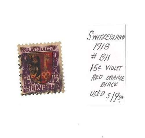 SWITZERLAND 1918 PRO JUVENTUTE Charity Coat of Arms 15c Stamp USED (Scans) Free