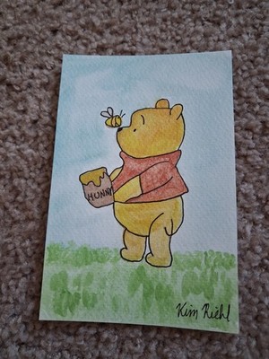Kim Riehl Signed Watercolor Cartoon Bear Bee Painting on Paper, Small Unframed