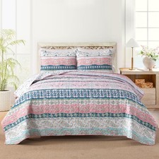 Boho Style Queen Quilt Set Pink Bohemian Floral Strip Quilt Beddding Set, Sof...