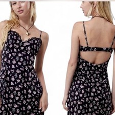 Women Black Pink Floral Lace Strappy Sleeveless Open Back Sundress Short