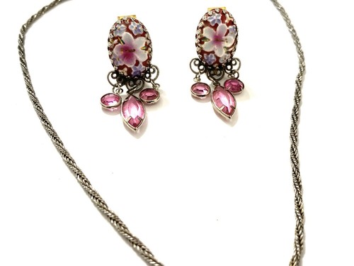 Frühe signierte Hobe geformte Glas Blumen Halskette und Ohrringe Set rosa silberfarben - Bild 5 von 19
