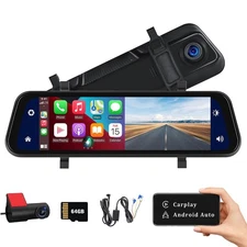 4K Front Rear View Mirror Dash Cam 10 Inch IPS Touch Screen Carplay 64GB Car DVR
