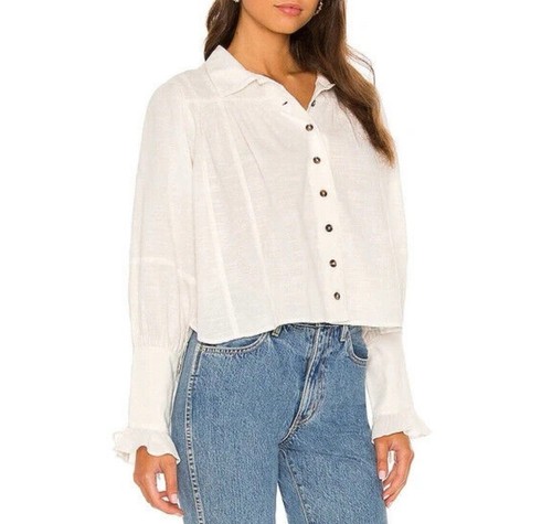 NWT Free People Kiss Kiss Blouse Ivory Button Down Long Sleeve Shirt Women’s L - Picture 2 of 9