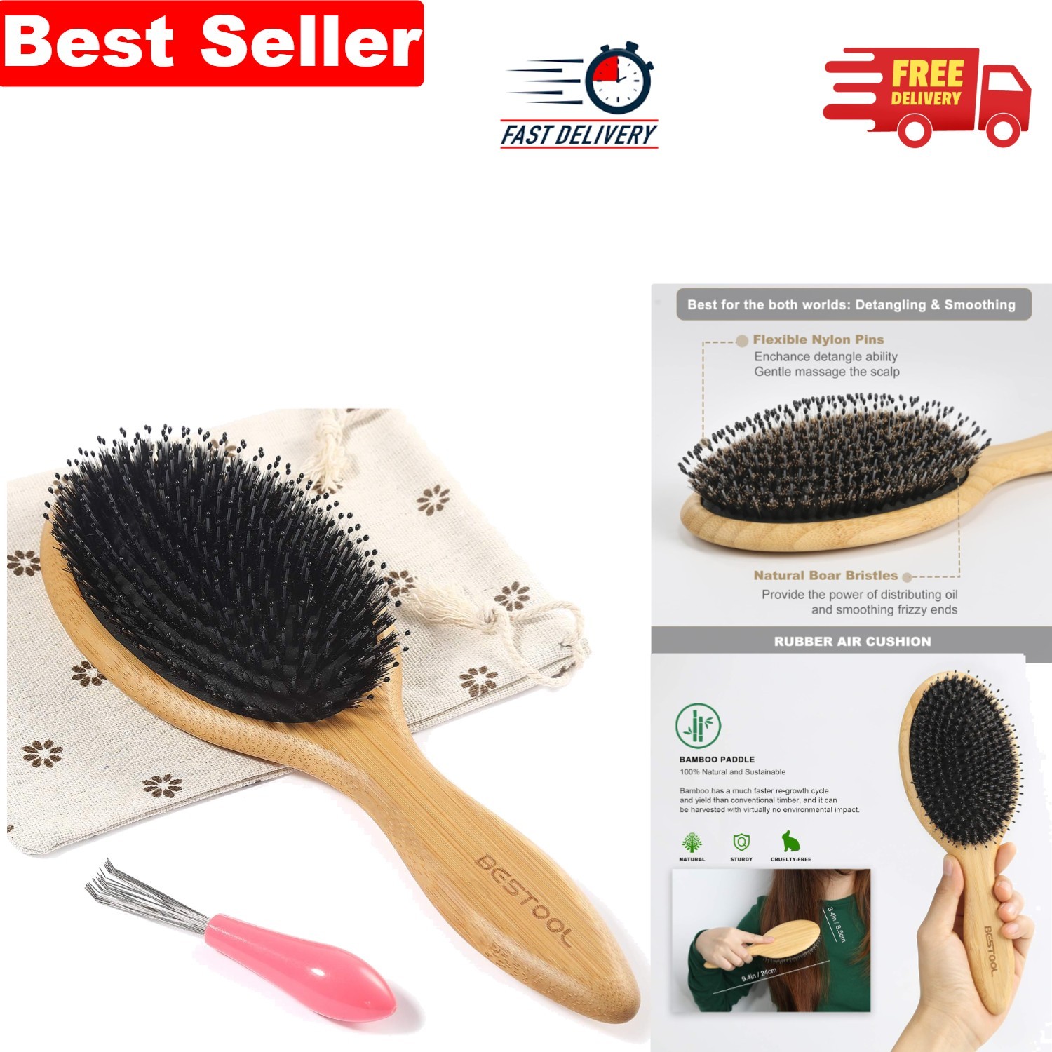Boar Bristle Eco-Friendly Hair Brush with Bamboo Handle - Detangling & Shine