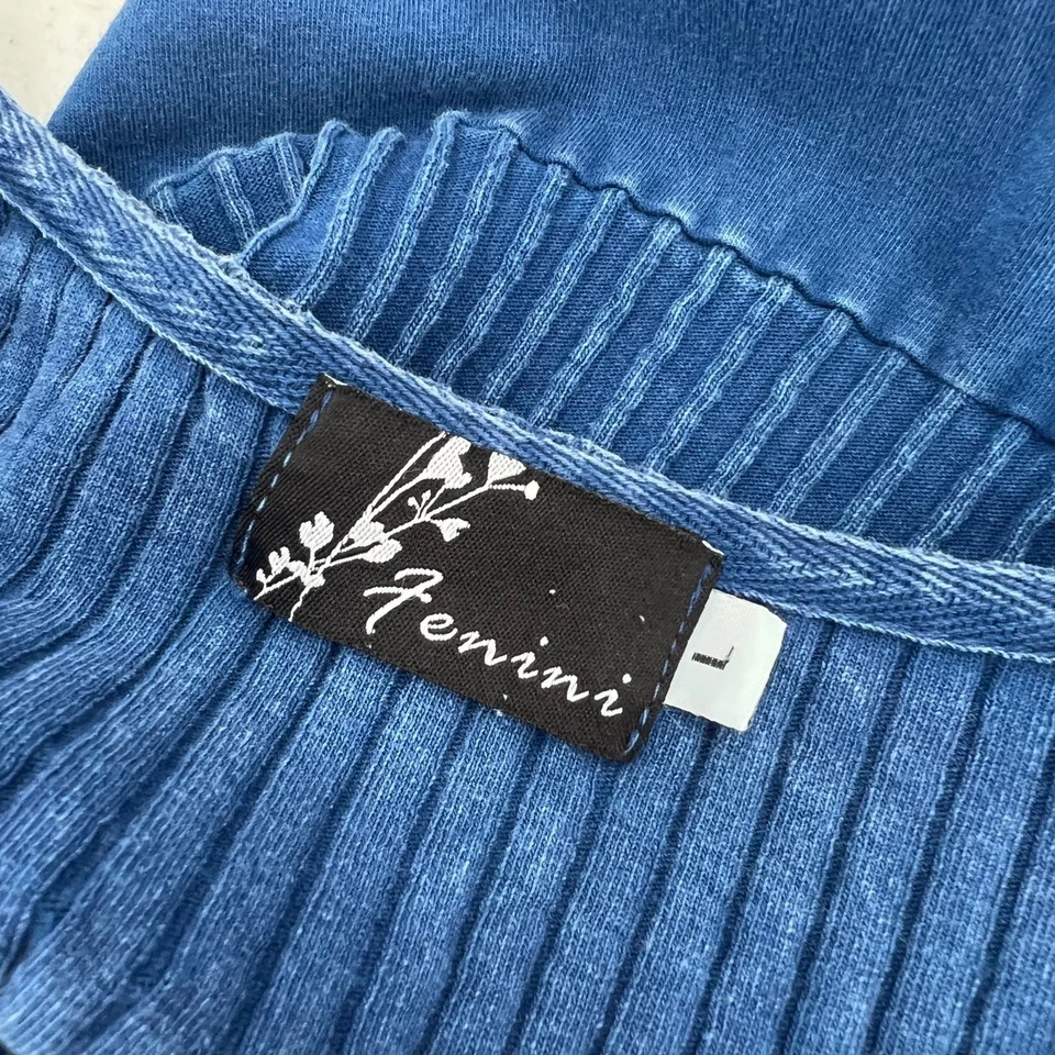 Vestido túnica Fenini grande azul acanalado tejido texturizado manga larga Lagenlook artístico Foto 3 de 4