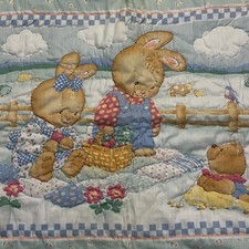 Vintage Quilted Embroidered Kitschy Baby Blanket 34 x 43 Pastels Bunny Cottage