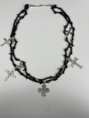 Sterling Silver Multi-Cross Charm Stone Necklace 24  59g  $ Mark