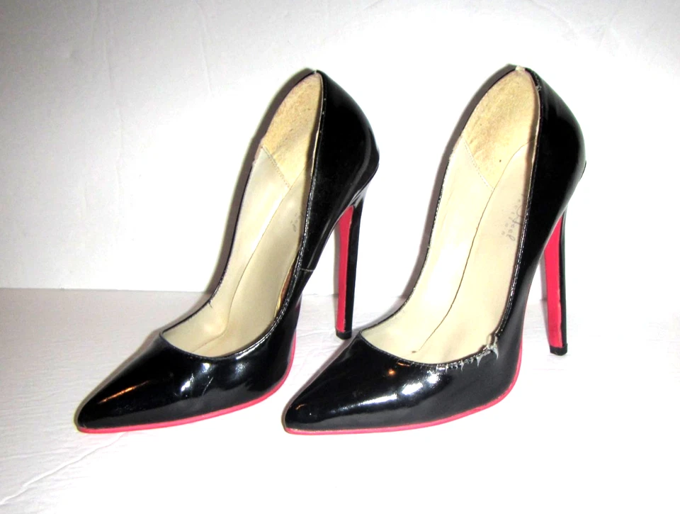 Zapatos de salón con suela roja charol negro talla 9 The Highest Heel Hottie de 5,25" raros Foto 4 de 4